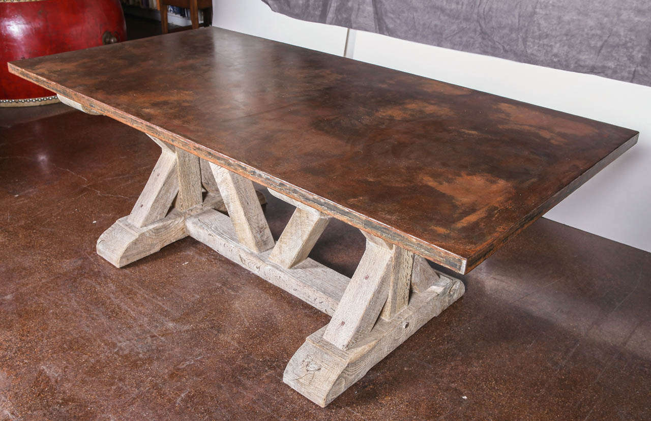 20th Century Architectural Dining Table with Aged Oak Bare and Steel Top
