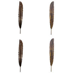 Unique Set of Four 1960s Bronze Feather Wall Sconces