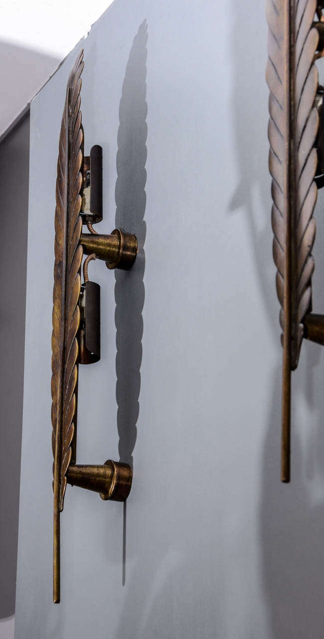 Unique Set of Four 1960s Bronze Feather Wall Sconces 2