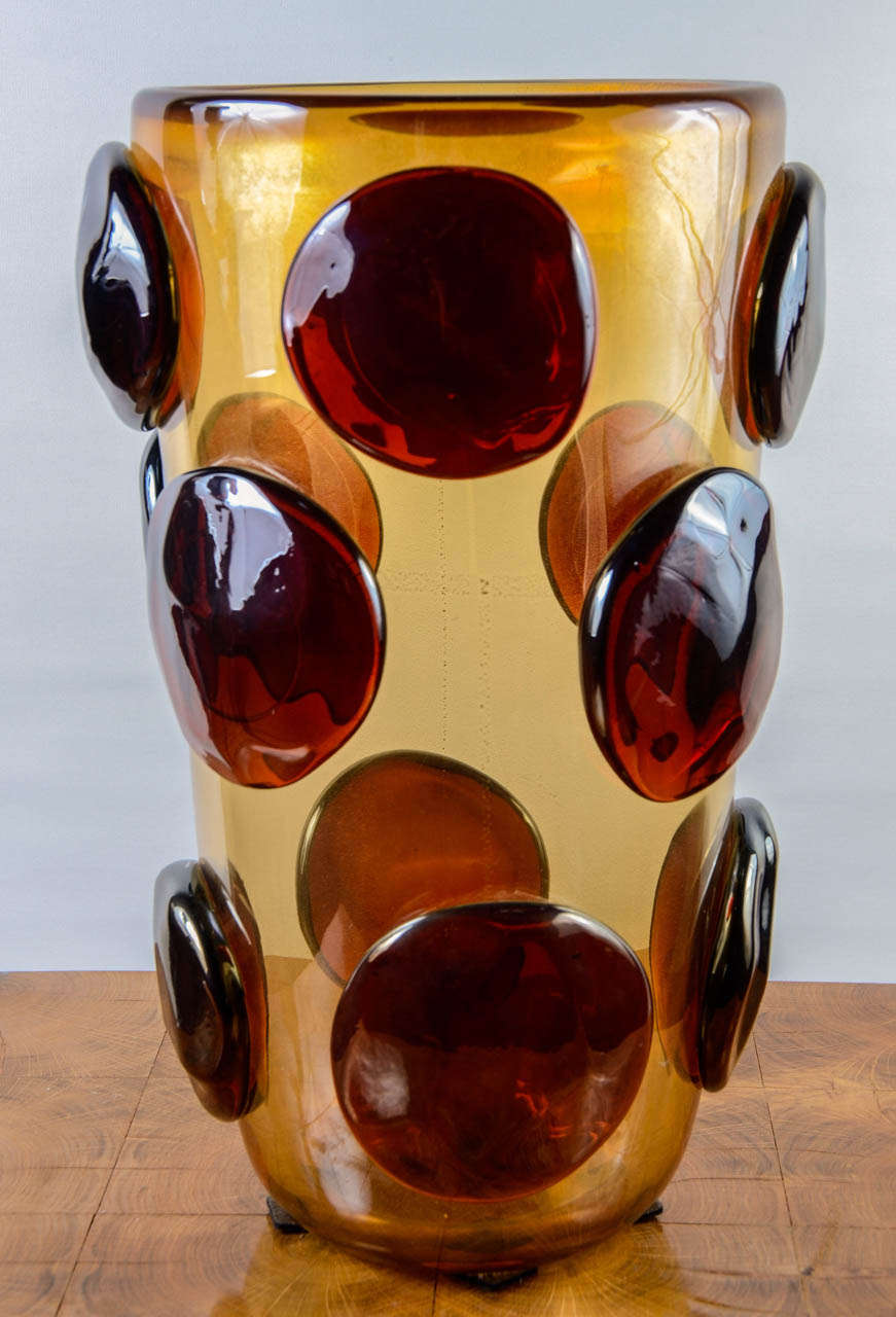 Pair of Murano glass vases, signed by Aureliano Toso. Amber color with gold sparkles. Perfect condition. Made in Murano, 1970s.