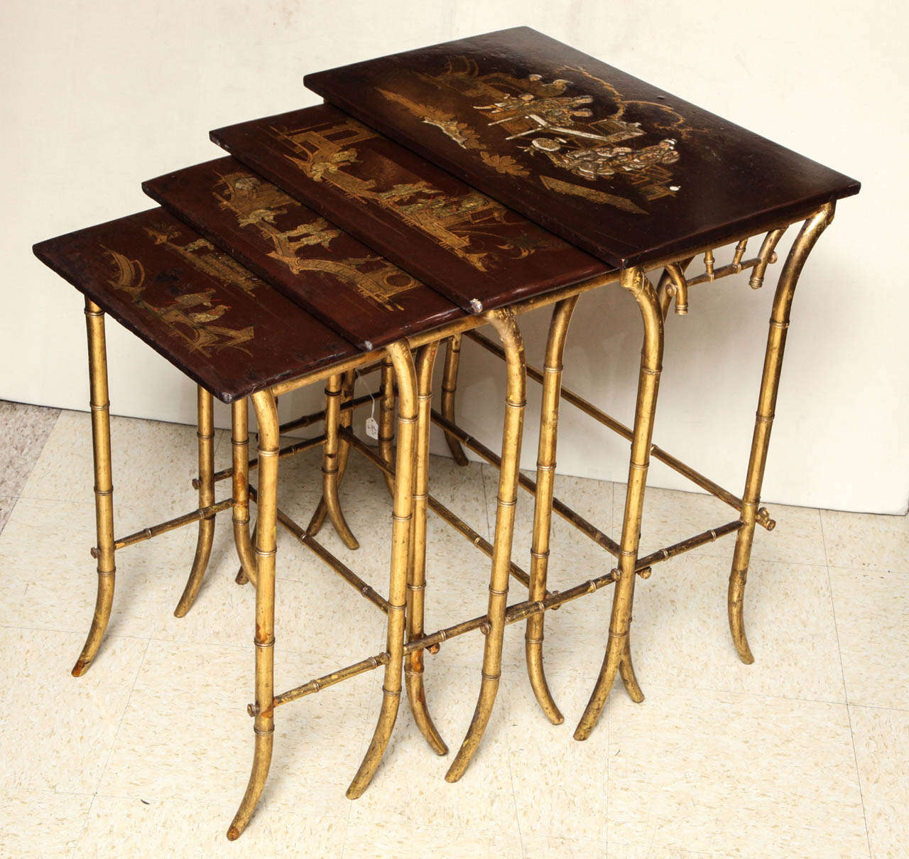 Chinoiserie set of four Jappaned laquer top nesting tables with bamboo legs
Stock Number: F92