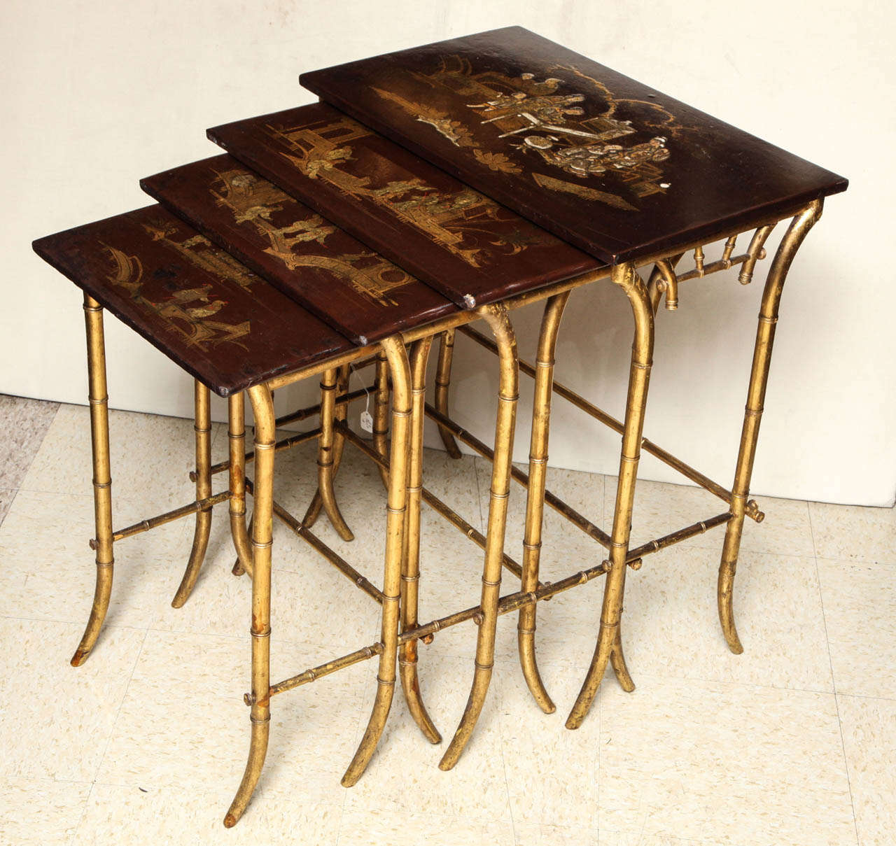 Chinoiserie Set of Four Japanned Lacquer Top Nesting Tables with Bamboo Legs