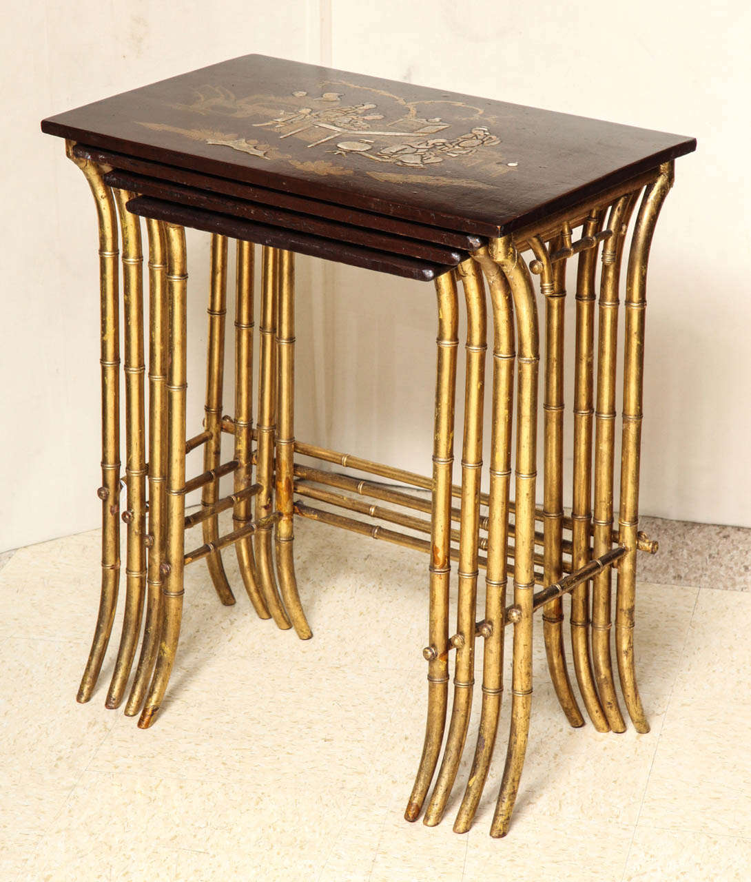 French Chinoiserie Set of Four Japanned Lacquer Top Nesting Tables with Bamboo Legs