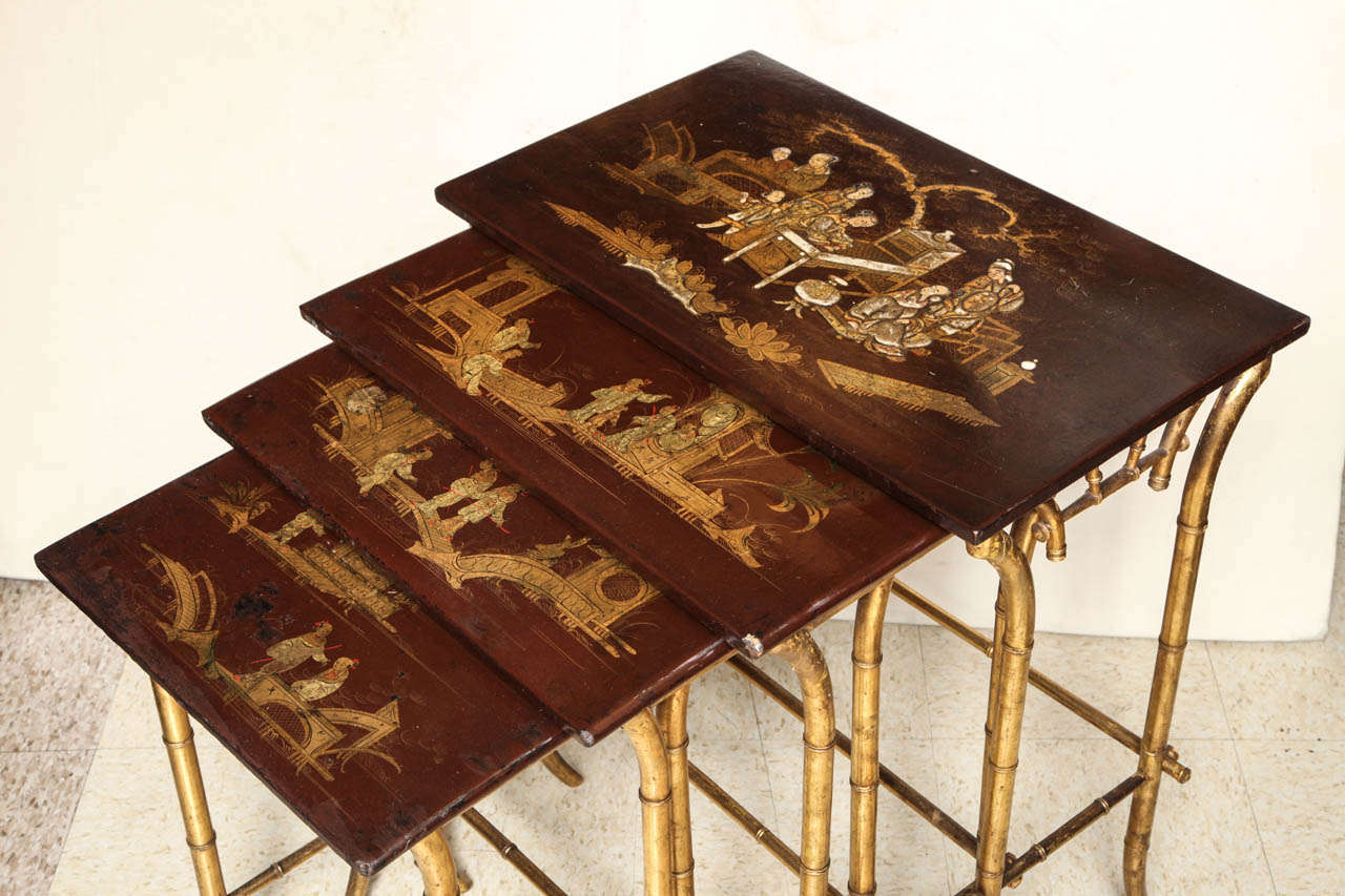 Chinoiserie Set of Four Japanned Lacquer Top Nesting Tables with Bamboo Legs In Good Condition In New York, NY