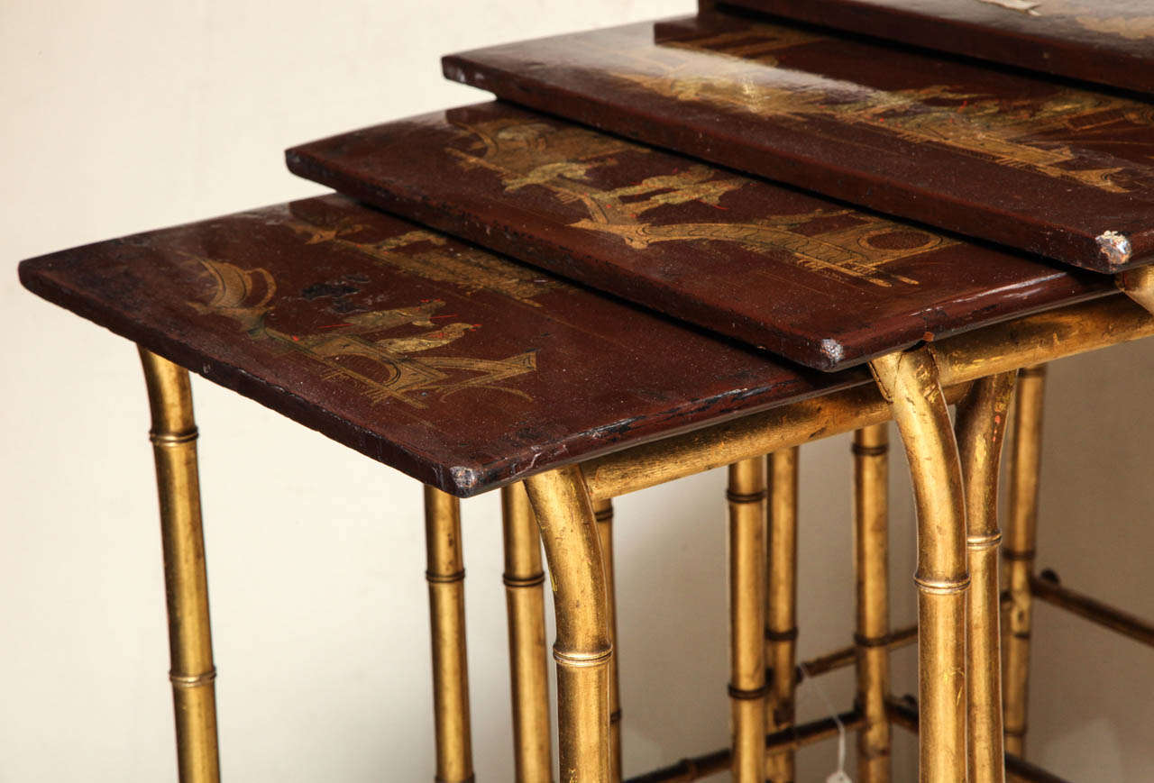 Chinoiserie Set of Four Japanned Lacquer Top Nesting Tables with Bamboo Legs 4