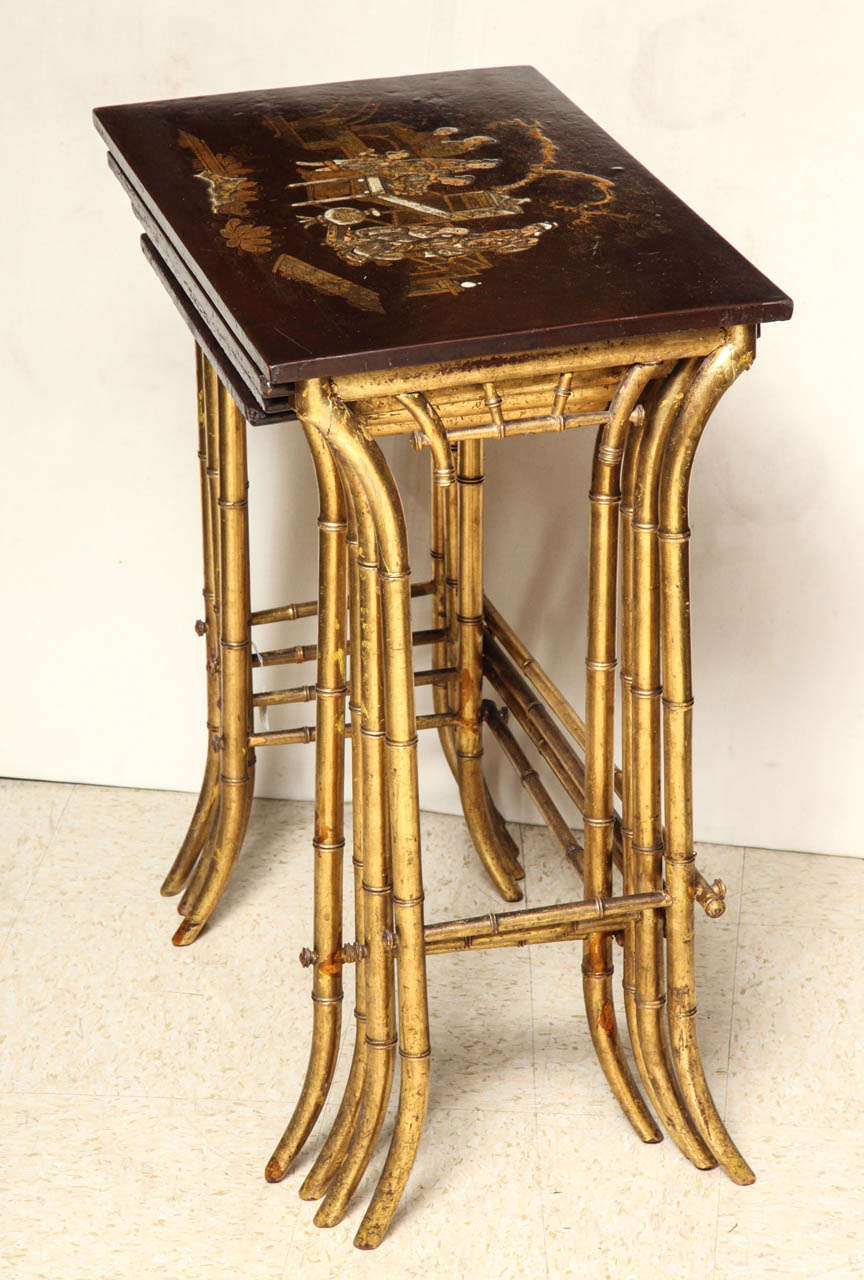Chinoiserie Set of Four Japanned Lacquer Top Nesting Tables with Bamboo Legs 5