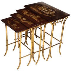 Chinoiserie Set of Four Japanned Lacquer Top Nesting Tables with Bamboo Legs