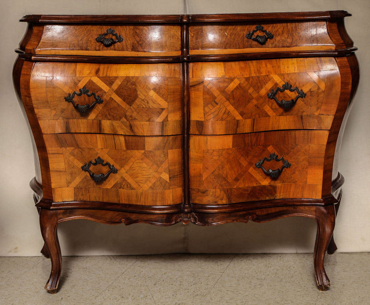 Italian Pair of Parquetry Inlaid Bombe Shape Chest of Drawers