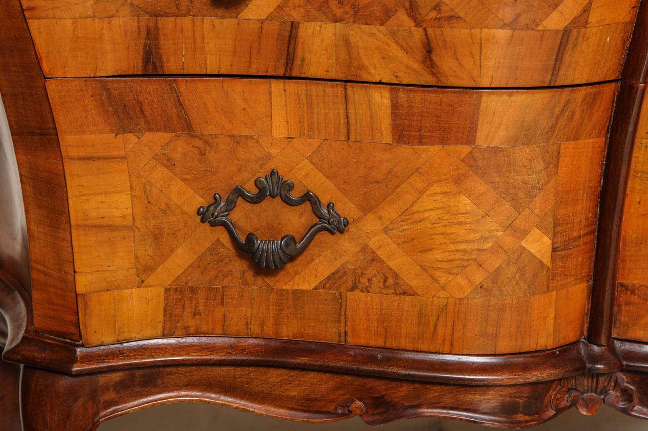 Mid-20th Century Pair of Parquetry Inlaid Bombe Shape Chest of Drawers