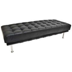 Mid-Century Modern Tufted Black Leather Upholstered Bench