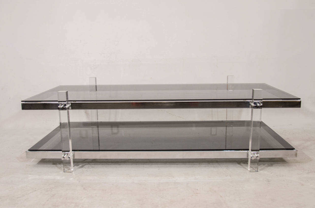 American Chrome, Lucite, and Smoke Tinted Glass Coffee Table in the Manner of Charles Hollis Jones
