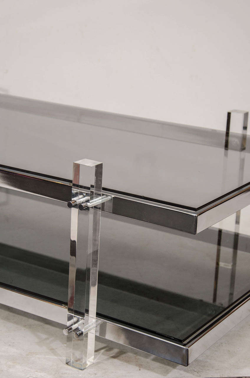 Chrome, Lucite, and Smoke Tinted Glass Coffee Table in the Manner of Charles Hollis Jones In Good Condition In New York, NY