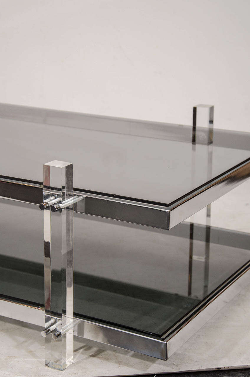 20th Century Chrome, Lucite, and Smoke Tinted Glass Coffee Table in the Manner of Charles Hollis Jones