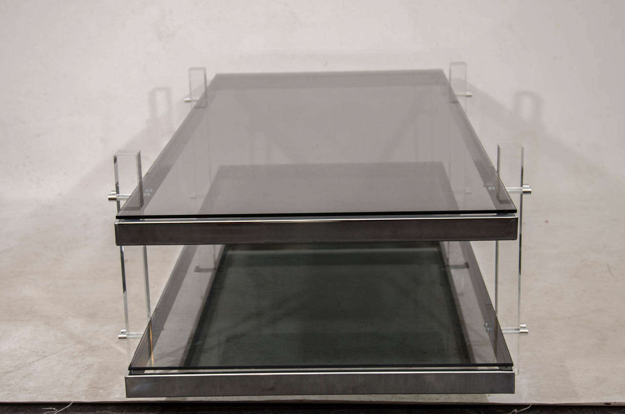 Chrome, Lucite, and Smoke Tinted Glass Coffee Table in the Manner of Charles Hollis Jones 1