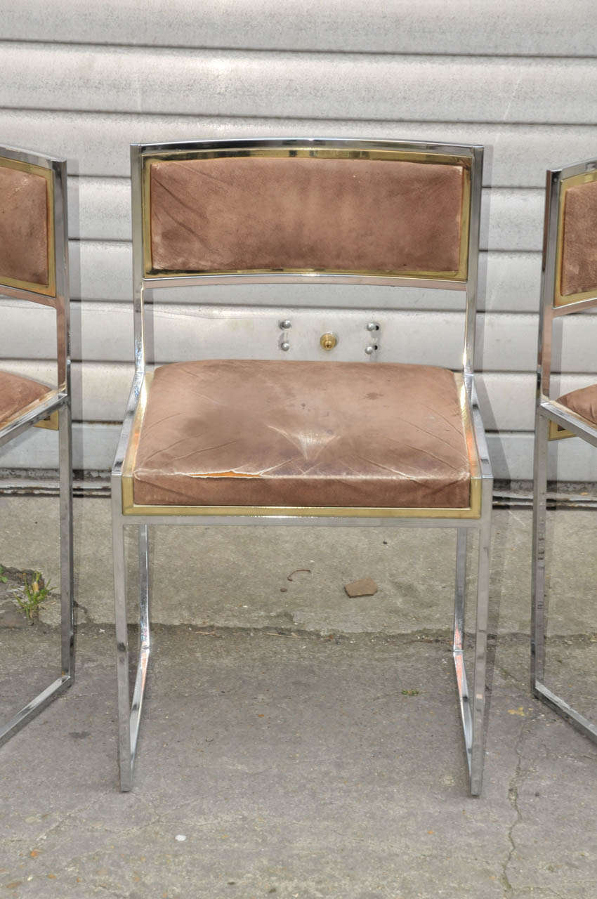 Set of six 1970's Italian chairs in chrome steel. Fabric should be renewed. Few scratches. Good condition. Normal wear consistent with age and use.