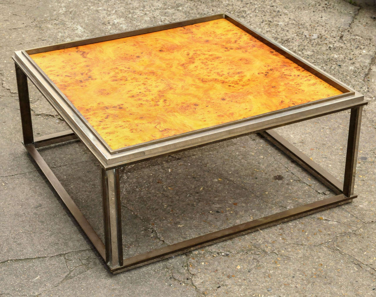 1970's Italian coffee table. Chrome steel, brass and blond wood. Good condition. Normal wear consistent with age and use.