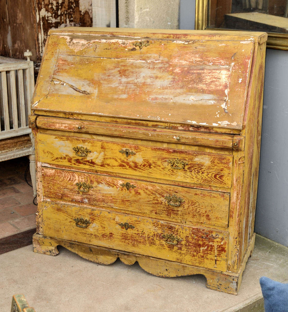 19th Century secretaire. Brown and yellow patina larch wood. Ten drawers inside and four front drawers. Varnish pine tree inside. Good condition. Normal wear consistent with age and use.