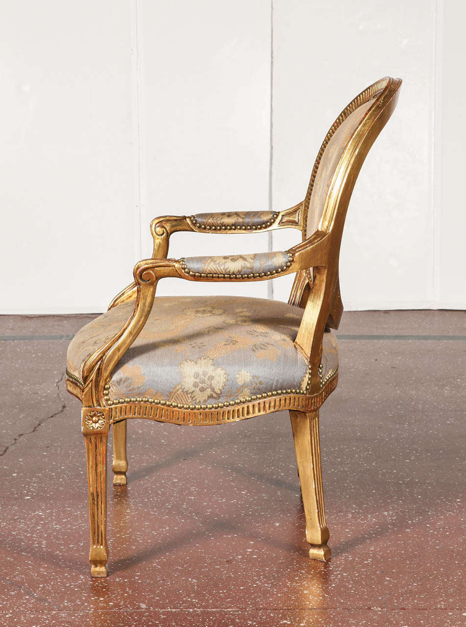 Italian Pair of Giltwood Louis XVI Style Armchairs For Sale