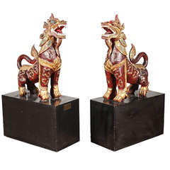 Pair of Carved Red Lacquer Painted & Giltwood Temple Lions. c. 1900