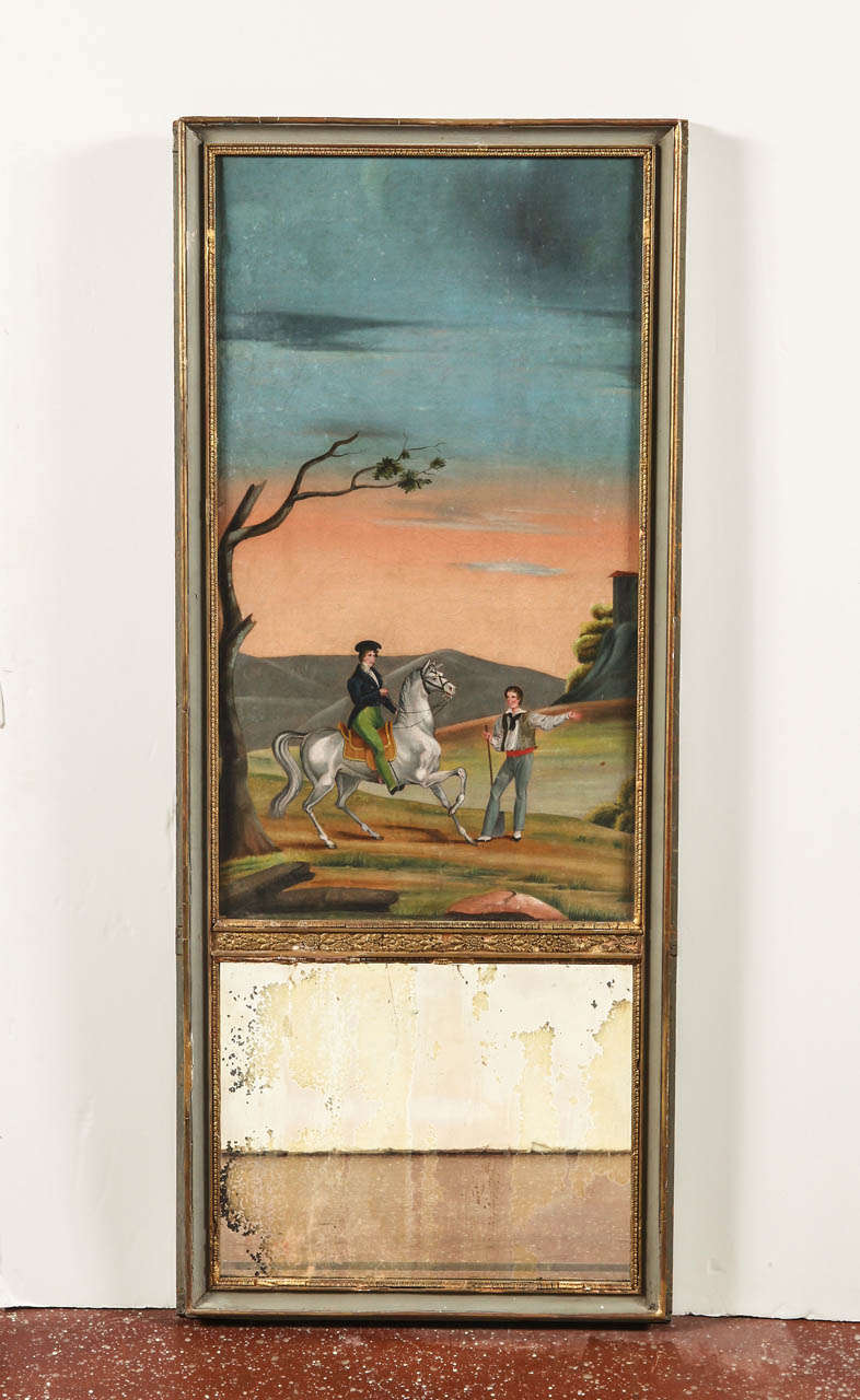 Early 19th c. French trumeau with oil on canvas painting depicting two young men and a horse, seen against hill terrain and sunset skyline.