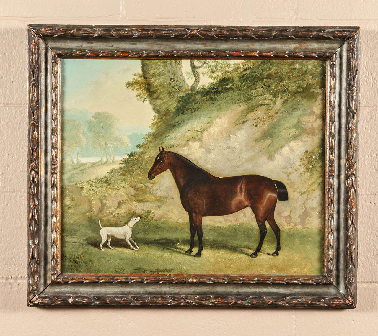 An English oil painting of a horse and dog in a romantic landscape. By John Ferneley, Sr. (1782-1860). He is considered one of the great equine artists, perhaps only second to Stubbs in terms of raw ability.