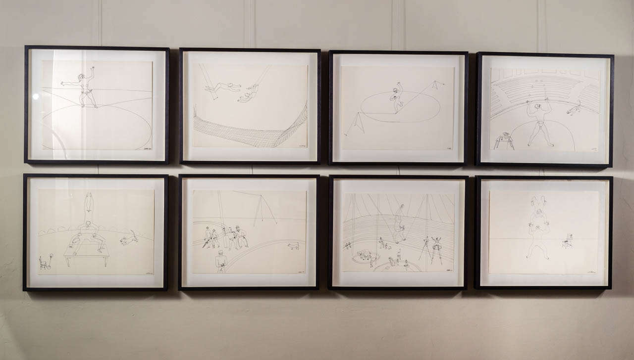 Custom walnut framed lithographs of Calder's playful Circus drawings from 1931-32, on wove paper, from original drawings found in his studio and printed in small edition in 1964. Sold individually