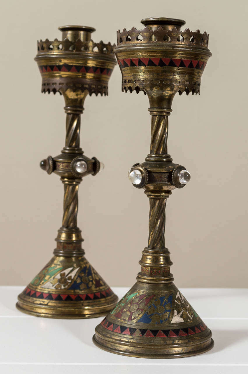 19th Century Pair of Aesthetic Movement meets Neo-Gothic Brass Candlesticks 3