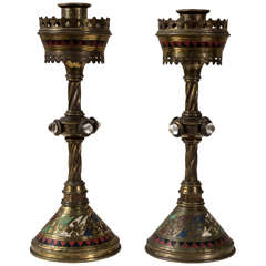 19th Century Pair of Aesthetic Movement meets Neo-Gothic Brass Candlesticks