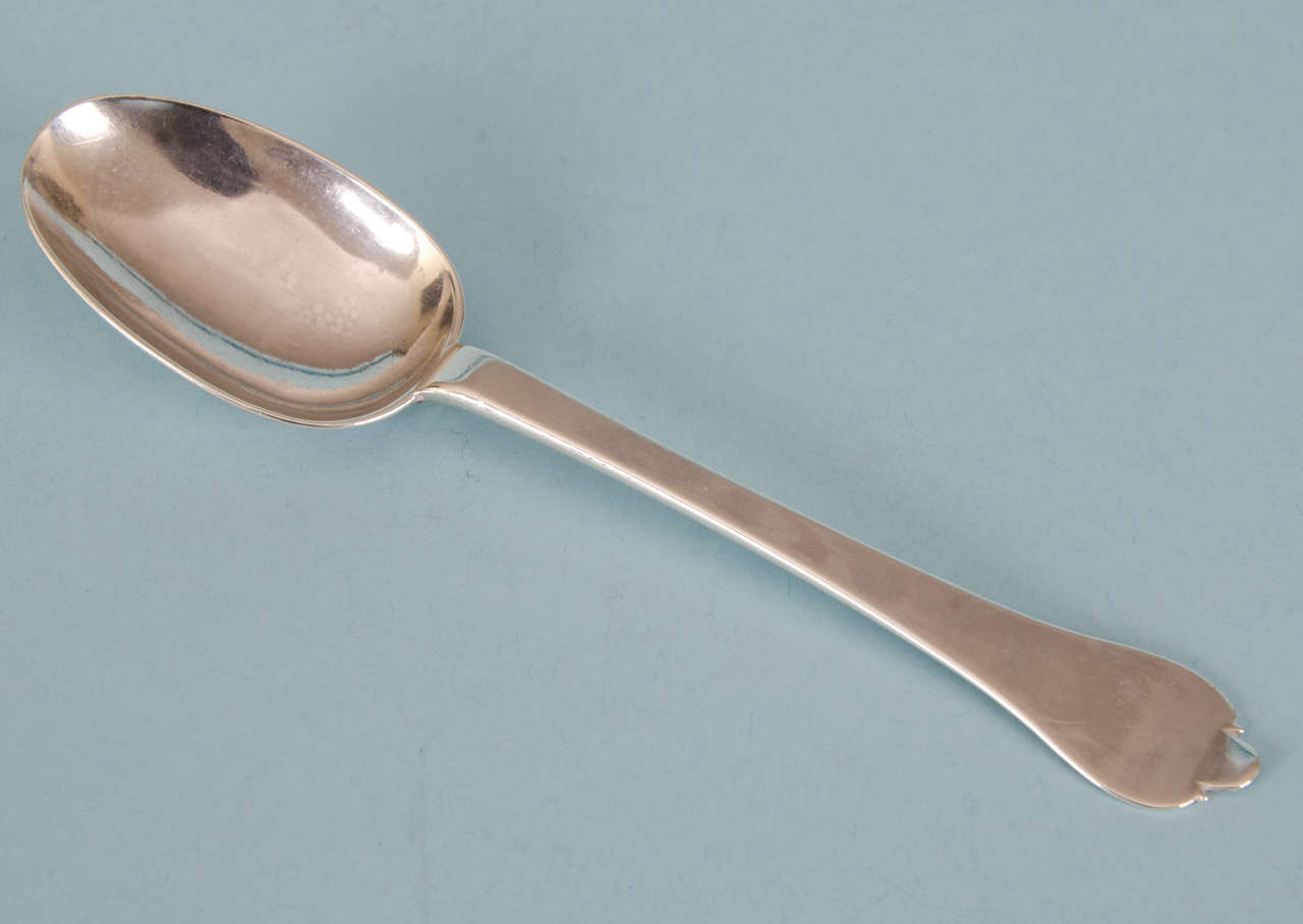 Extremely well preserved trefid spoon made by Lawrence Jones in London 1694.
The hallmarks and maker's mark are very clearly stamped on the reverse of the stem. The top of the stem is engraved with a widow's diamond shaped lozenge.
Arms: Widow of