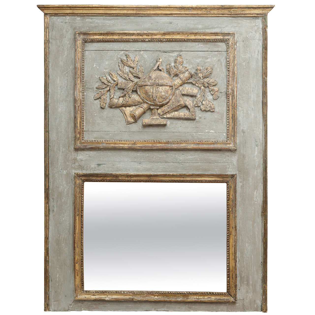 18th Century Painted Trumeau Mirror with Bois Doré Detail