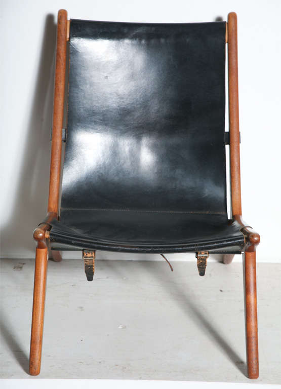 Teak and Leather Sling Back Lounge chair by Kristiansson 3