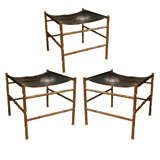 Set  of 3 Gilt Metal Faux Bamboo Leather Stools, circa 1940.