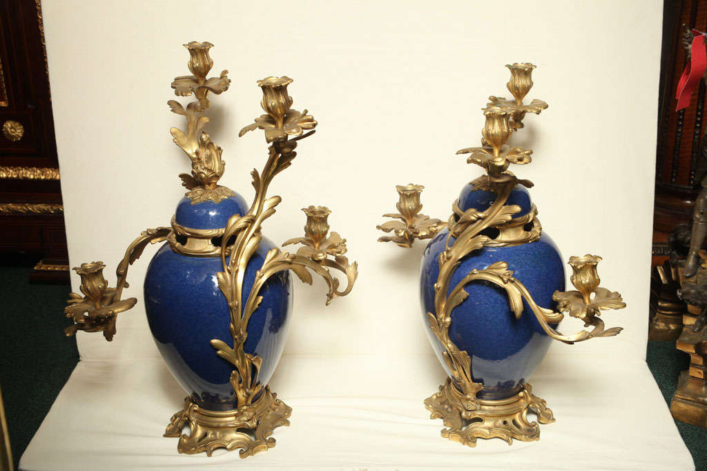 Pair of French Porcelain and Bronze Louis XV Style Candelabras 1