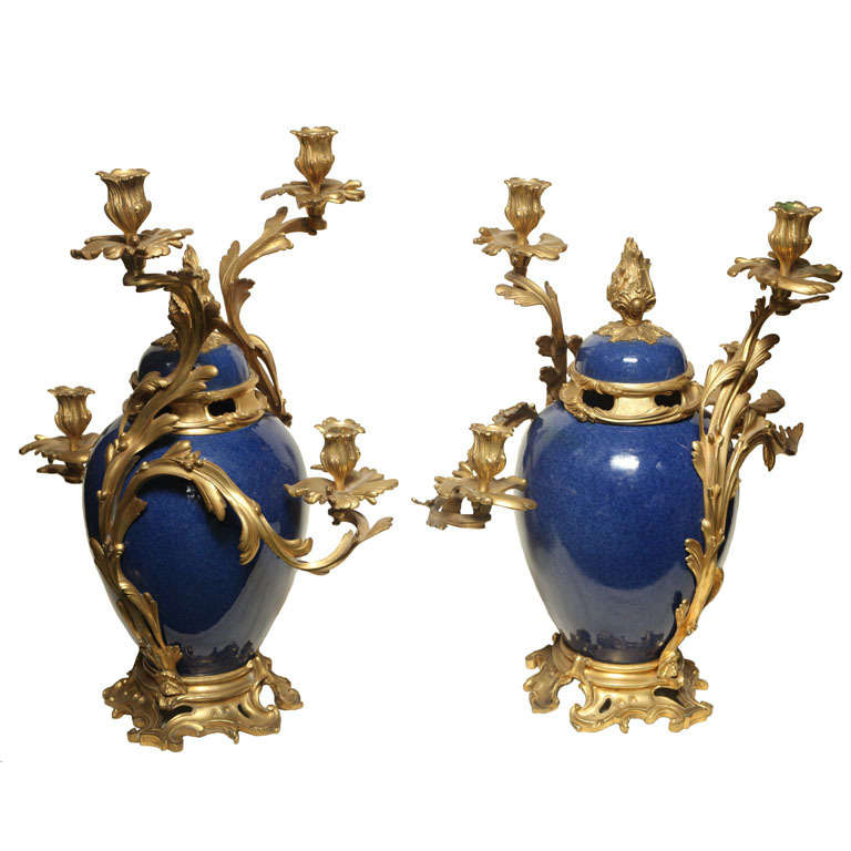 Pair of French Porcelain and Bronze Louis XV Style Candelabras