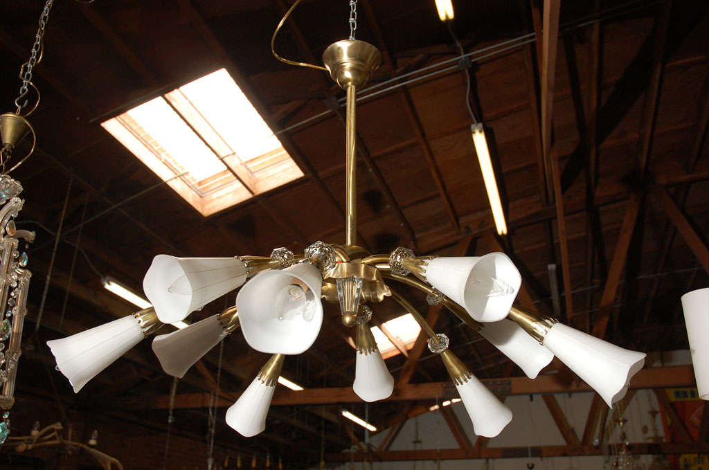 Very bold and pleasing chandelier with ten lights, circa the 1930's. This larger light fitting would make a nice impression in any number of places. The lights are housed in porcelian shaped flowers.