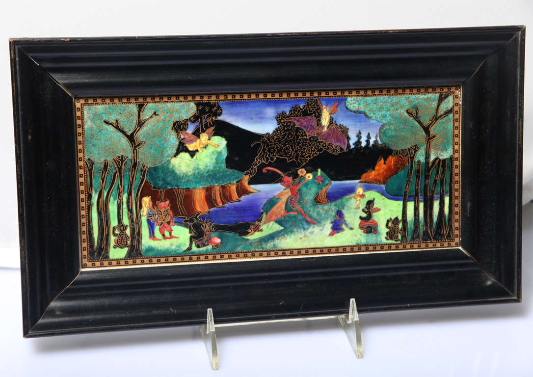 A fine Wedgwood Fairyland Lustre plaque painted with Picnic By A River, in original frame, 7 1/4