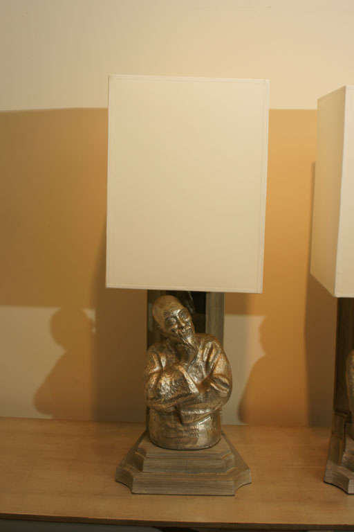 Pair Of Pagoda Form Lamps With Oriental Figures By James Mont In Good Condition In New York, NY