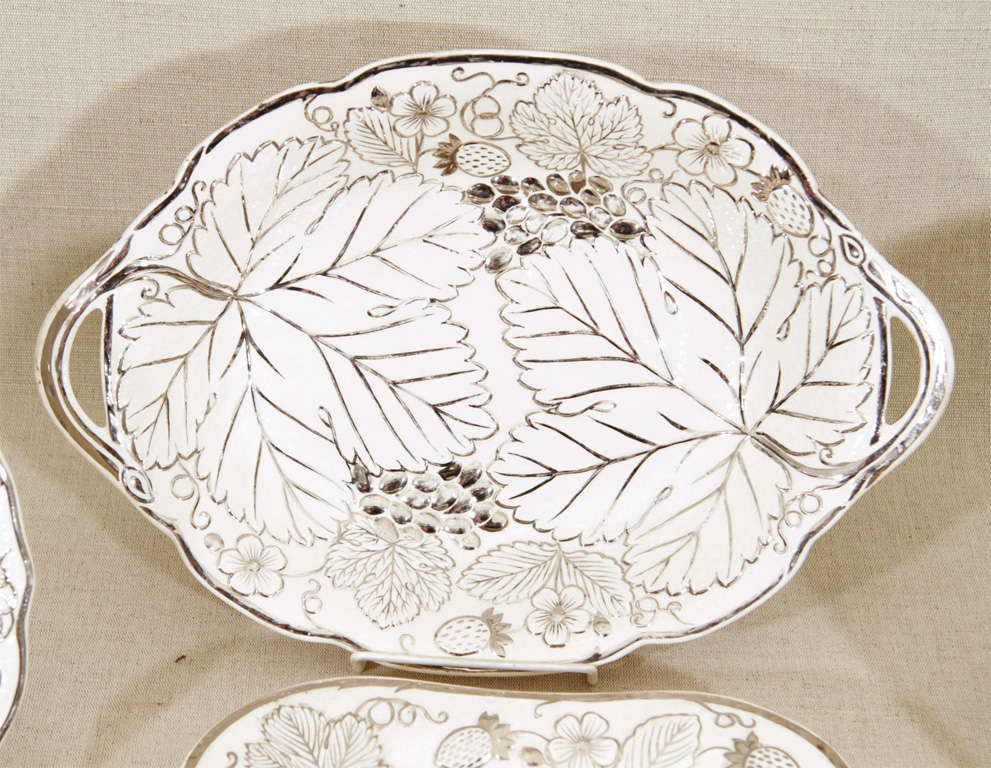 Elegant 9 Piece Part Dinner Service by Wedgwood in Silver Leaf Motif on White Ground Consisting of 6 Plates and 3 Handled Serving Dishes.  Stamped 