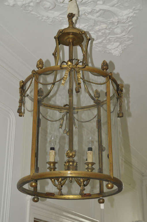 A large 19th century French gilt bronze electrified cylindricaler hall lantern in neoclassical style.