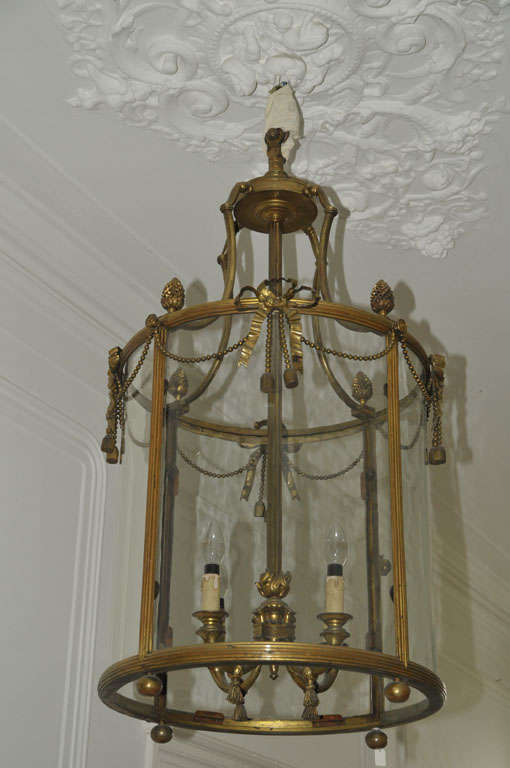 Louis XVI A 19th c. French Neoclassical gilt bronze electrified cylindrical hall lantern