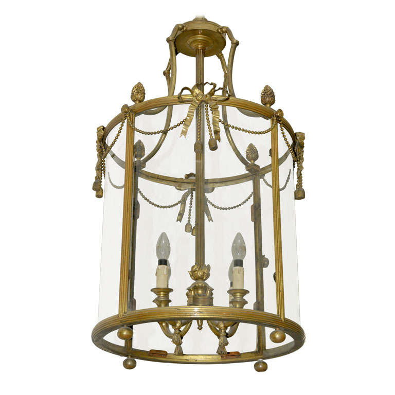 A 19th c. French Neoclassical gilt bronze electrified cylindrical hall lantern
