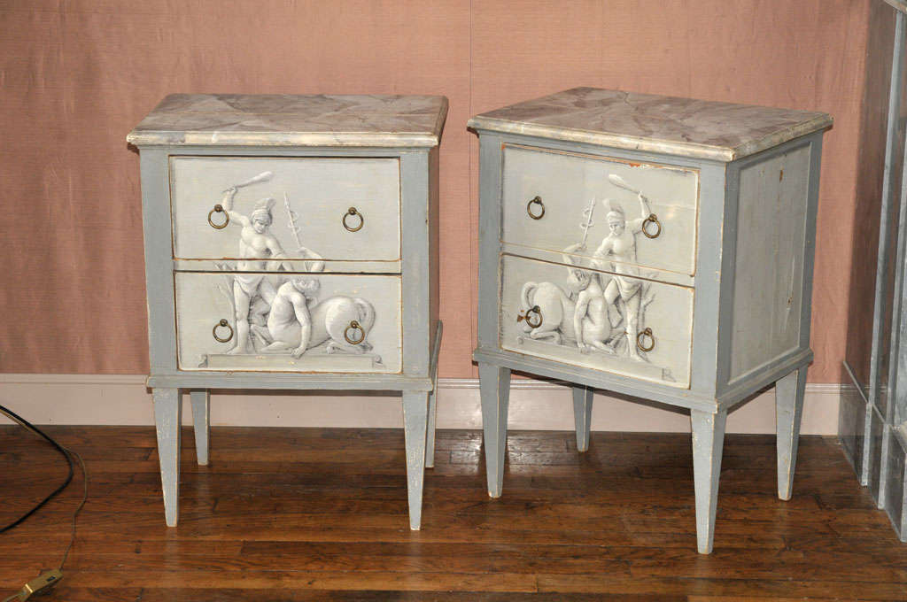 A pair of painted wooden night stands, late 19th C, French, with Faux marble top