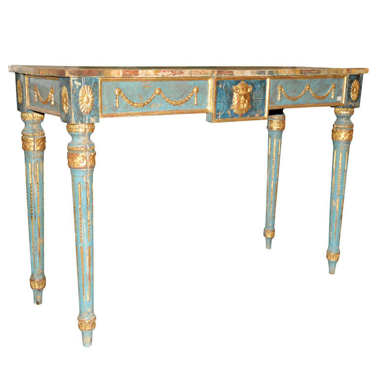 A decorative Italian Neoclassical painted console table with faux marble top For Sale