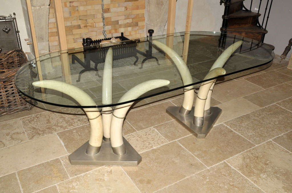 Mid-20th Century A 1960's French nickeled brass and resin elephant tusk dining room table For Sale