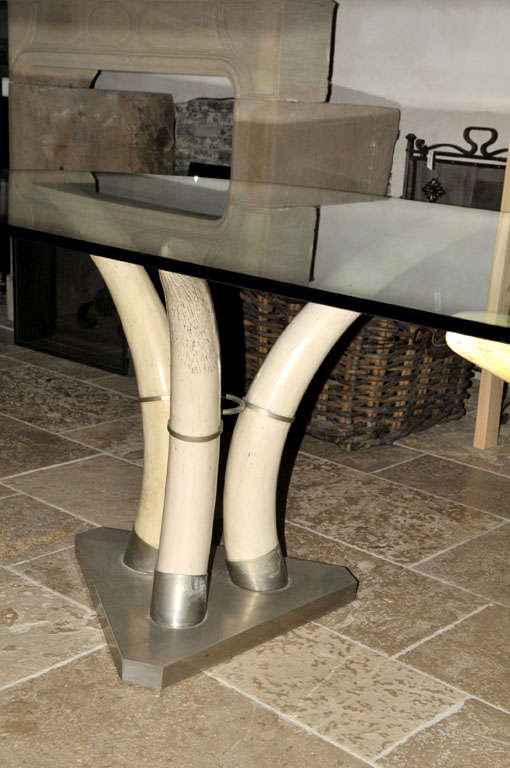 Glass A 1960's French nickeled brass and resin faux tusk dining room table For Sale