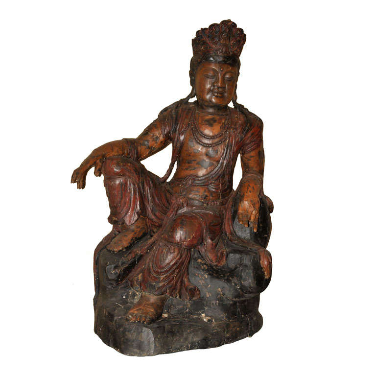 A large 19th century Indian wood carved statue For Sale at 1stDibs