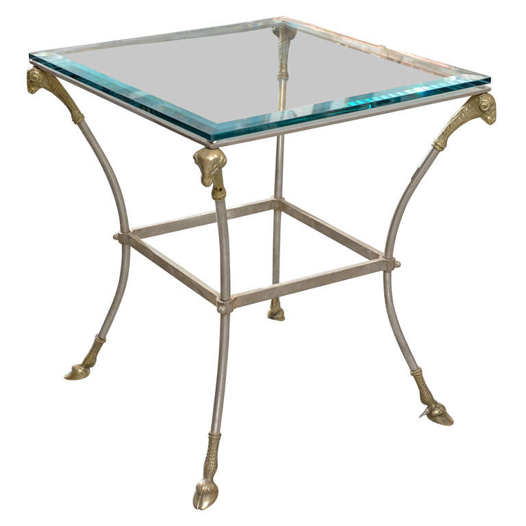 Two Directoire Style Polished Steel and Brass Side Tables.