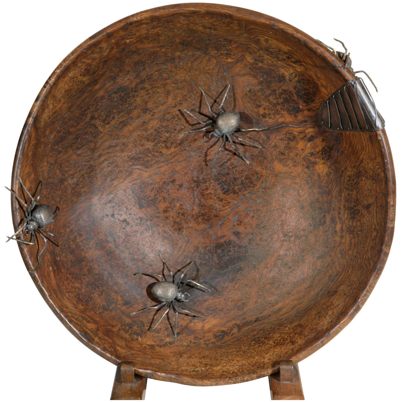  French Burl Bowl With Bronze Spiders For Sale