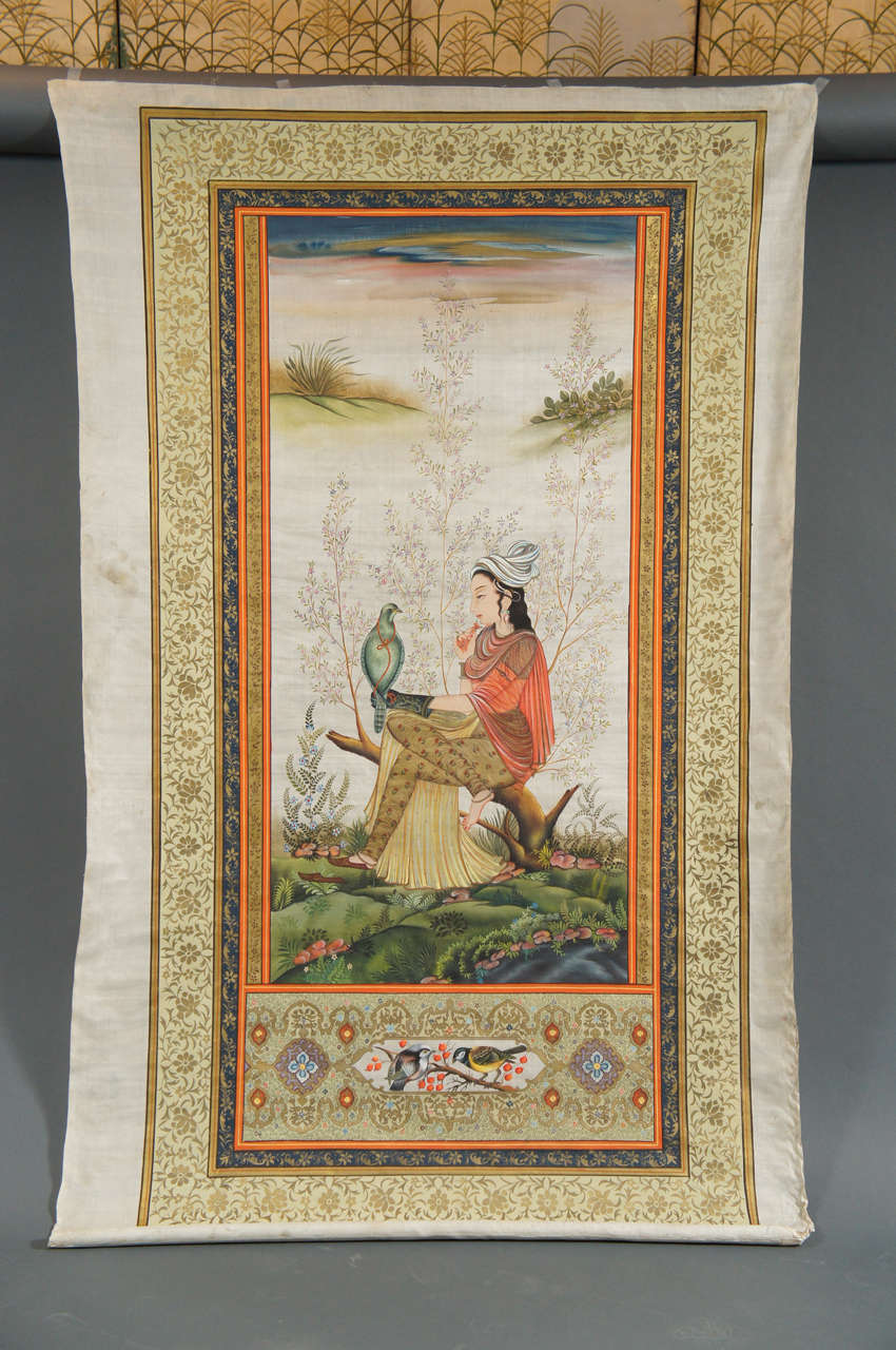 
Indian painting of woman on silk. Unmounted.