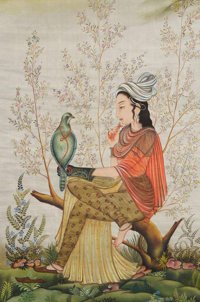 20th Century Indian Painting of Woman on Silk